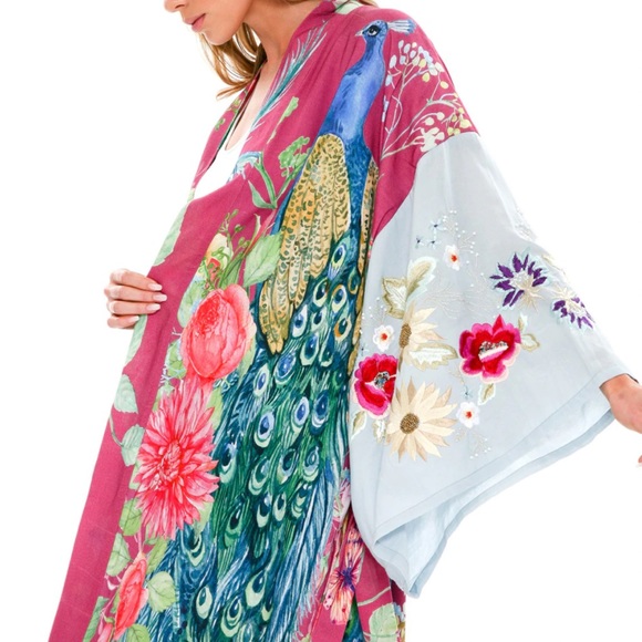 The Marie Antoinette Boho Double Layer Luxury Kimono Duster In Bird Floral Print - Picture 7 of 13